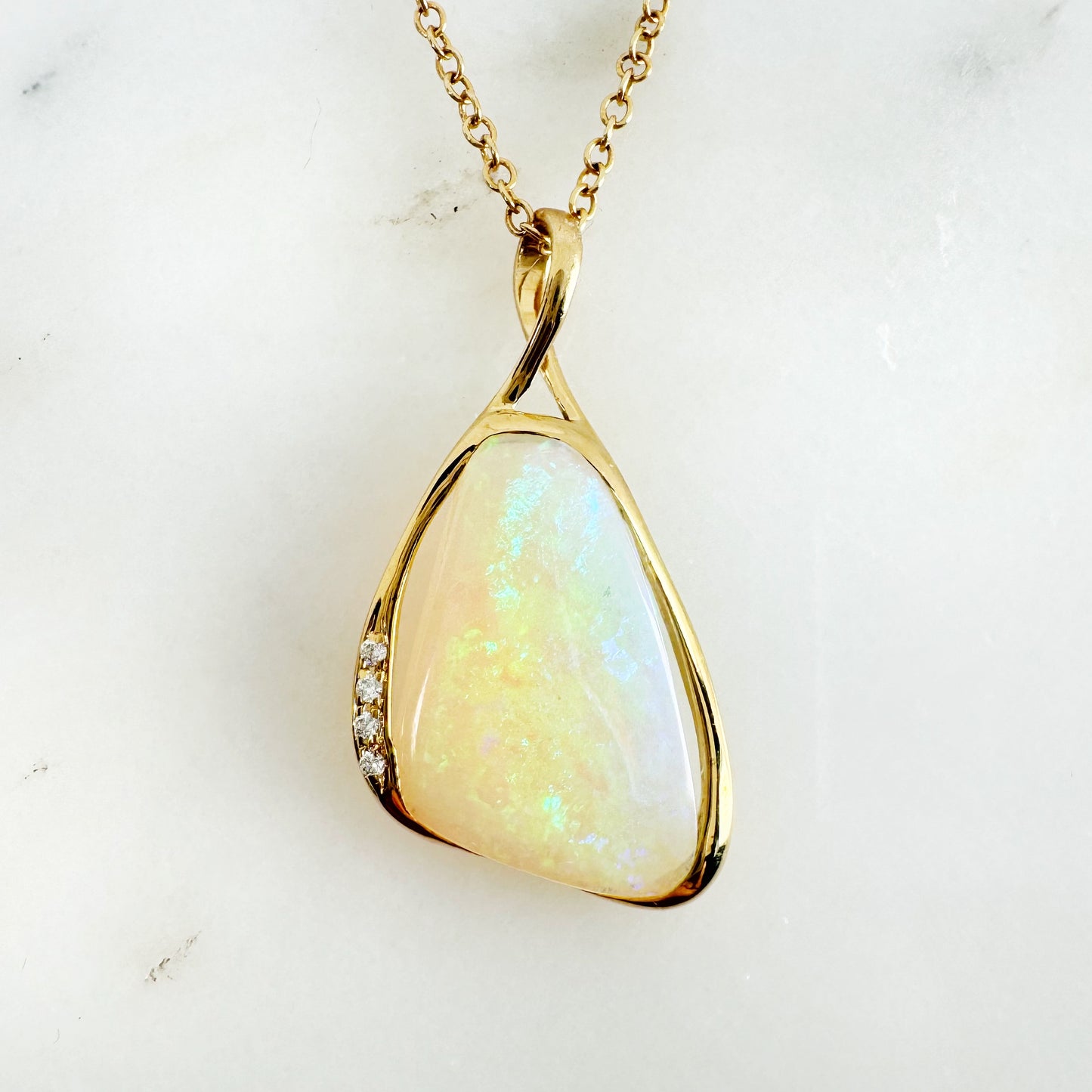 18K Yellow Gold Freeform Solid White Opal Pendant with Diamonds