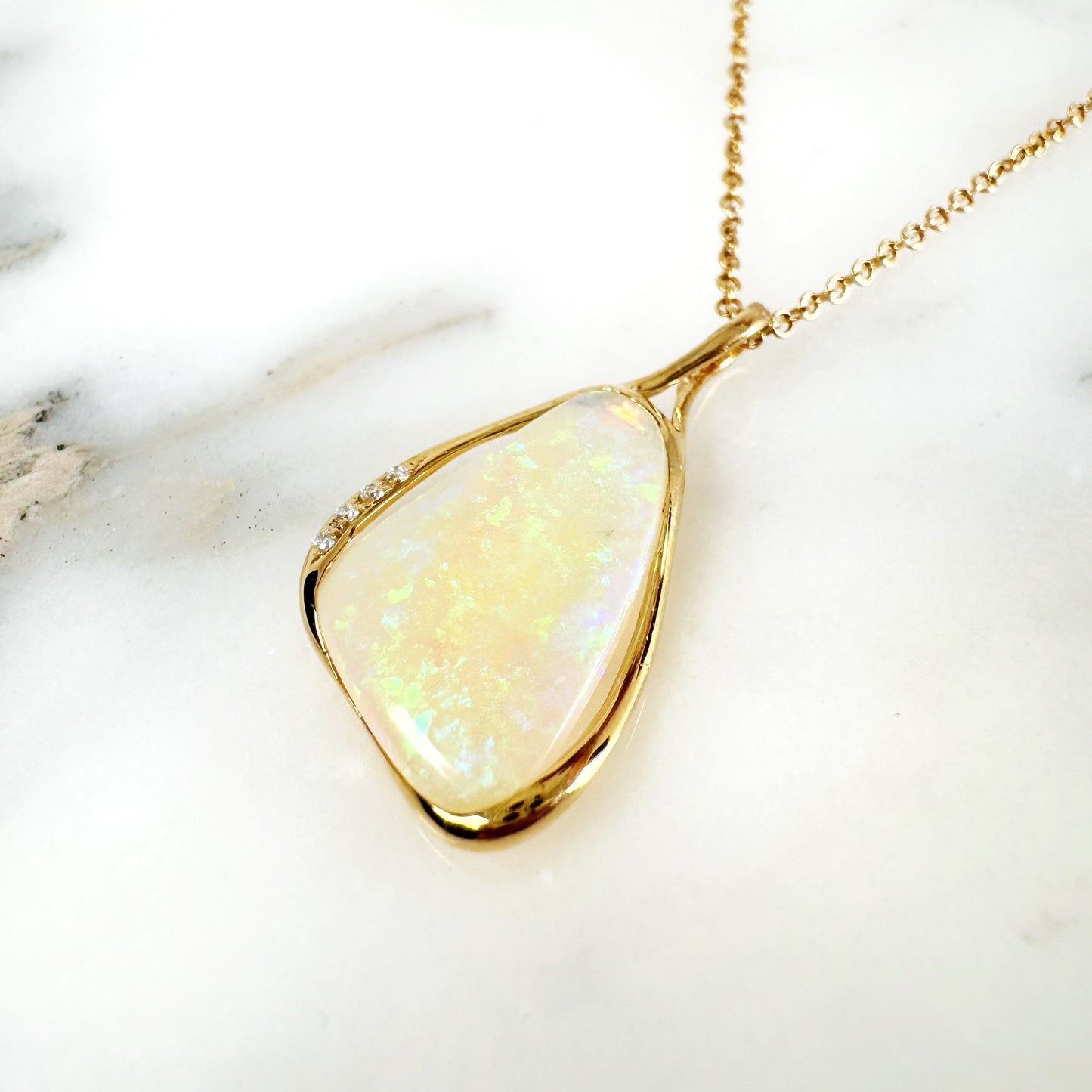 18K Yellow Gold Freeform Solid White Opal Pendant with Diamonds