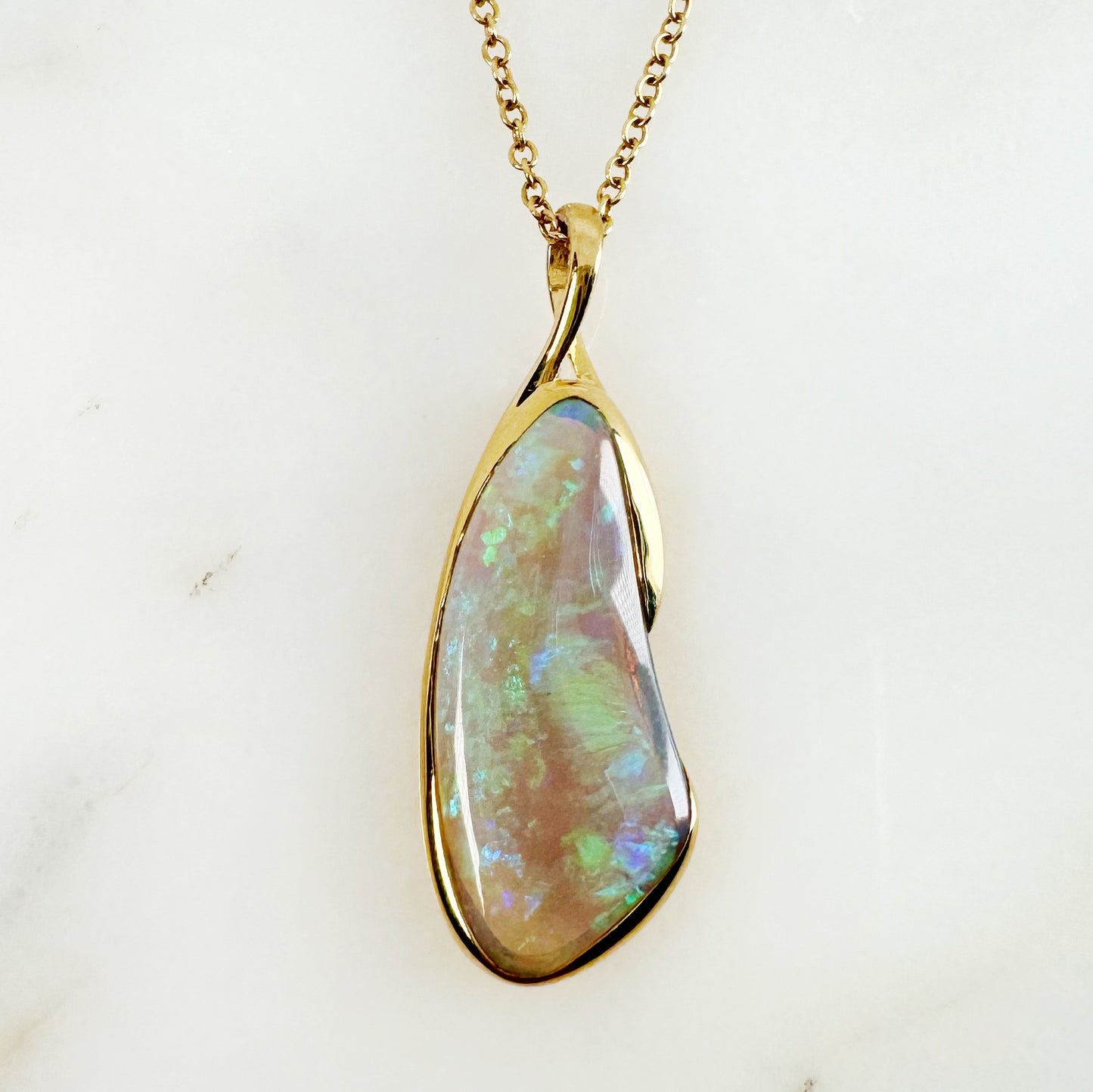 18K Yellow Gold Freeform Solid White Opal Pendant