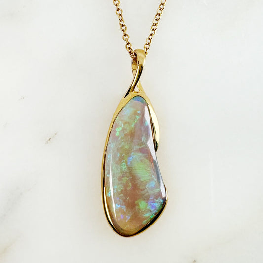 18K Yellow Gold Freeform Solid White Opal Pendant