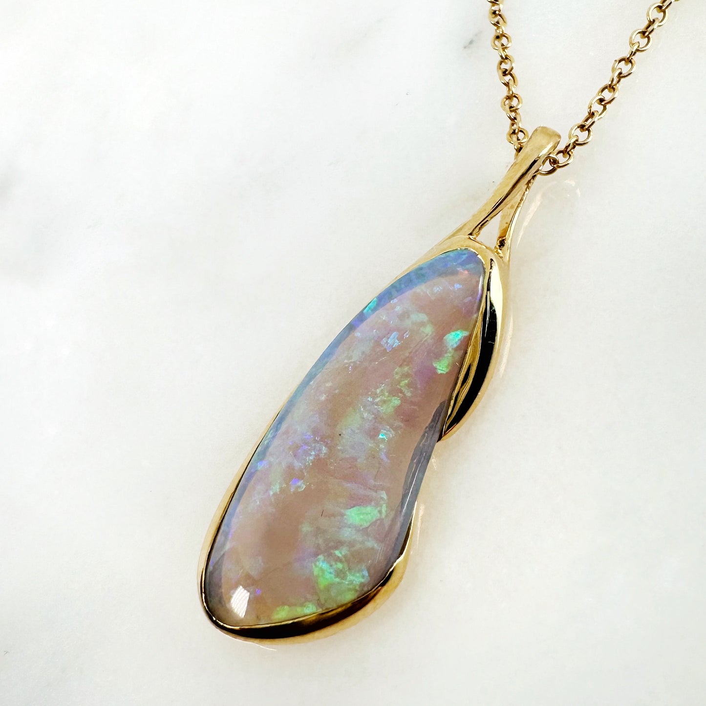 18K Yellow Gold Freeform Solid White Opal Pendant