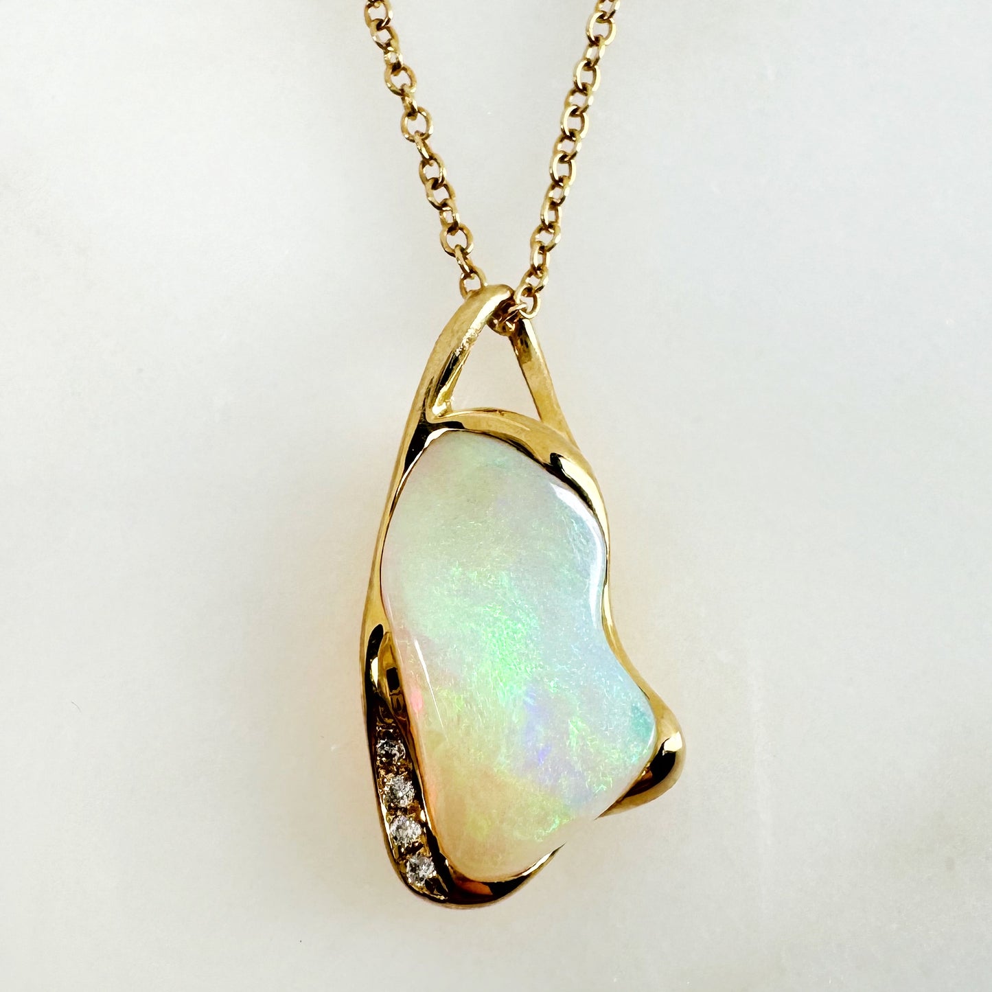 18K Yellow Gold Freeform Solid White Opal Pendant with Diamonds