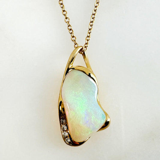 18K Yellow Gold Freeform Solid White Opal Pendant with Diamonds