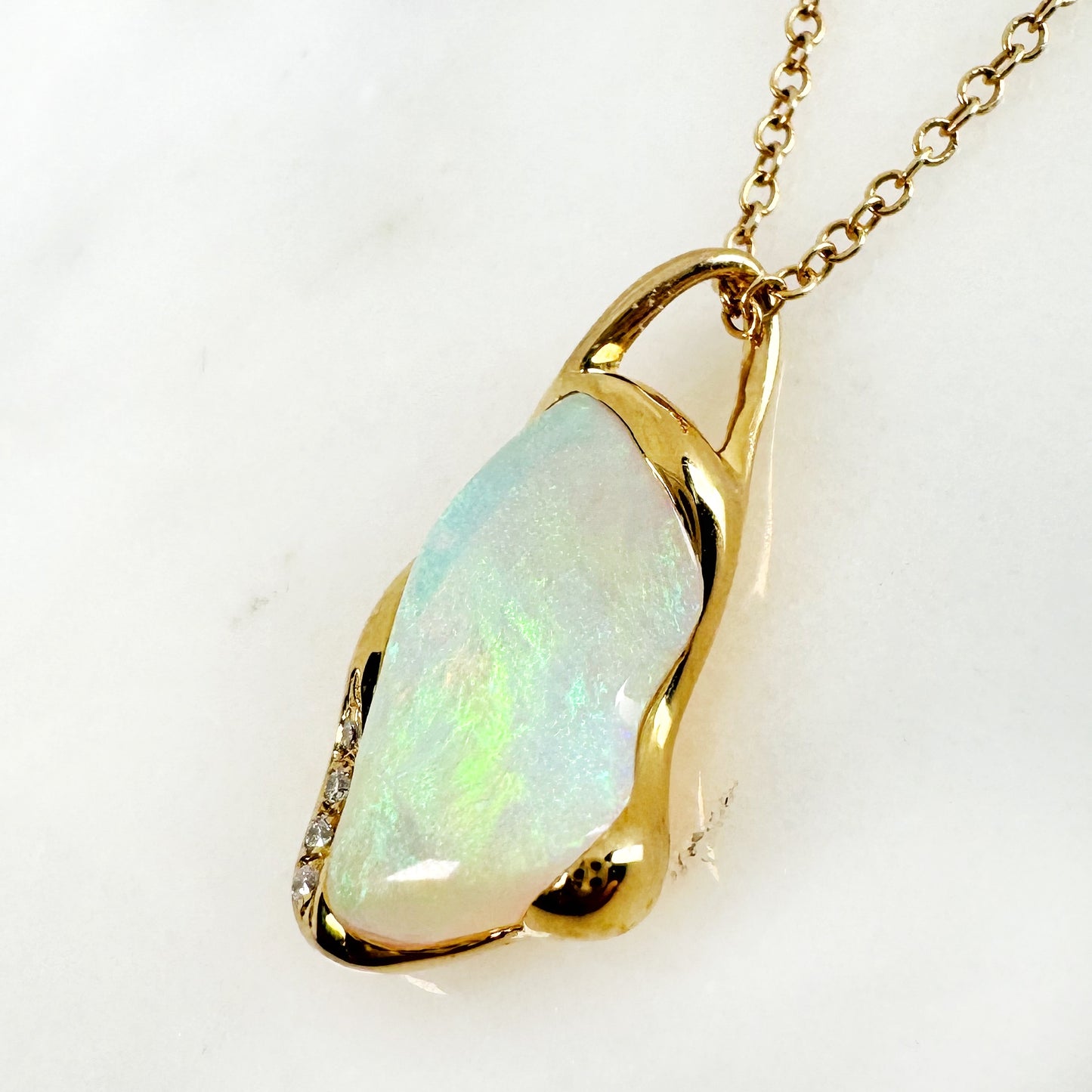 18K Yellow Gold Freeform Solid White Opal Pendant with Diamonds