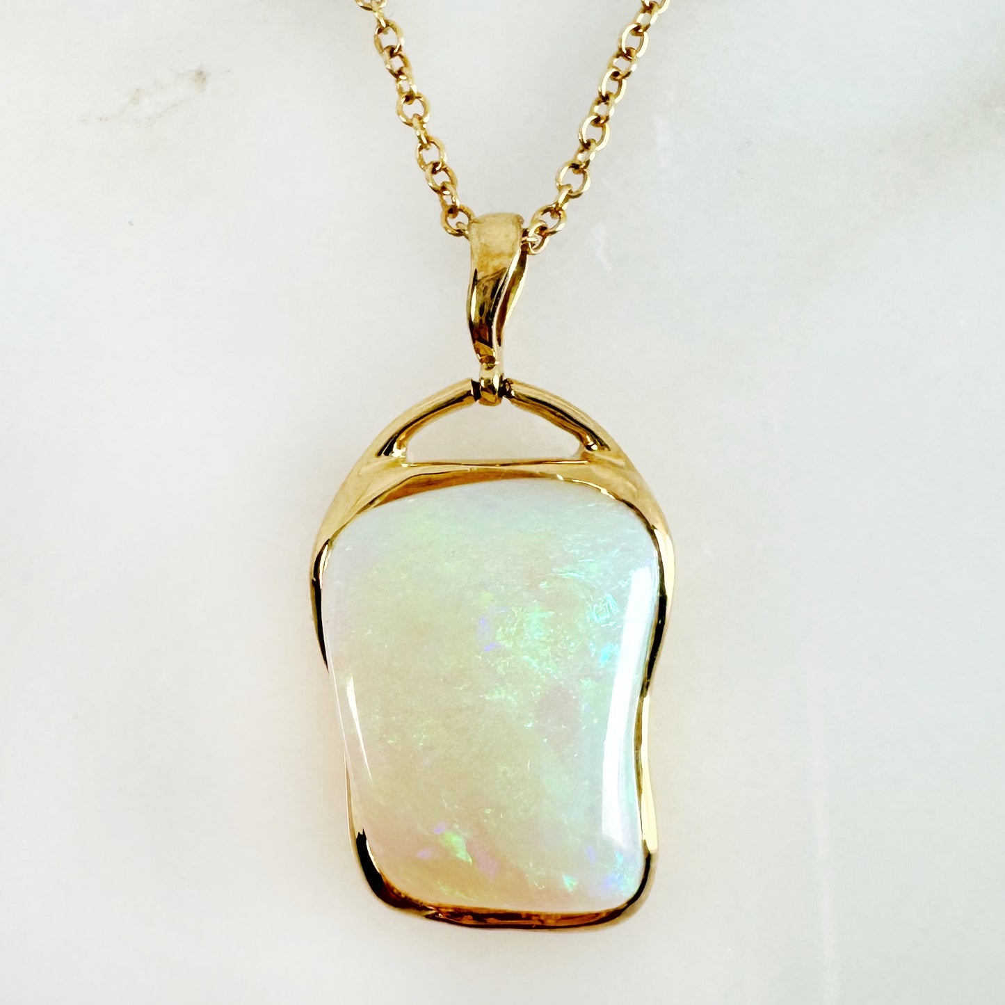 18K Yellow Gold Freeform Solid White Opal Pendant