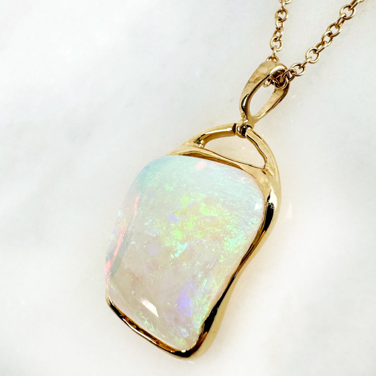 18K Yellow Gold Freeform Solid White Opal Pendant