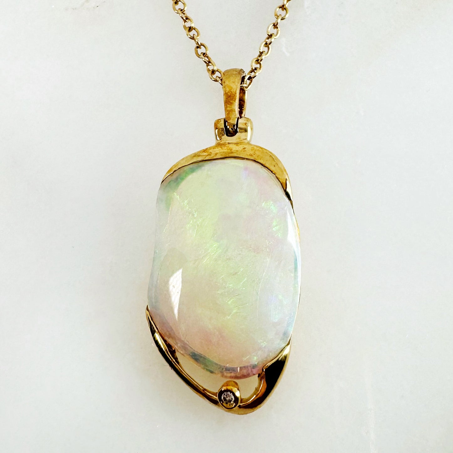 18K Yellow Gold Freeform Solid White Opal Pendant with Diamonds