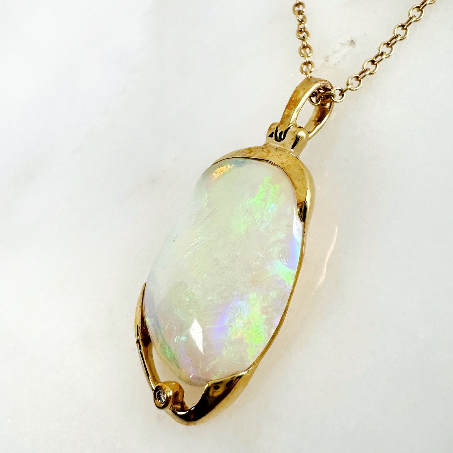 18K Yellow Gold Freeform Solid White Opal Pendant with Diamonds