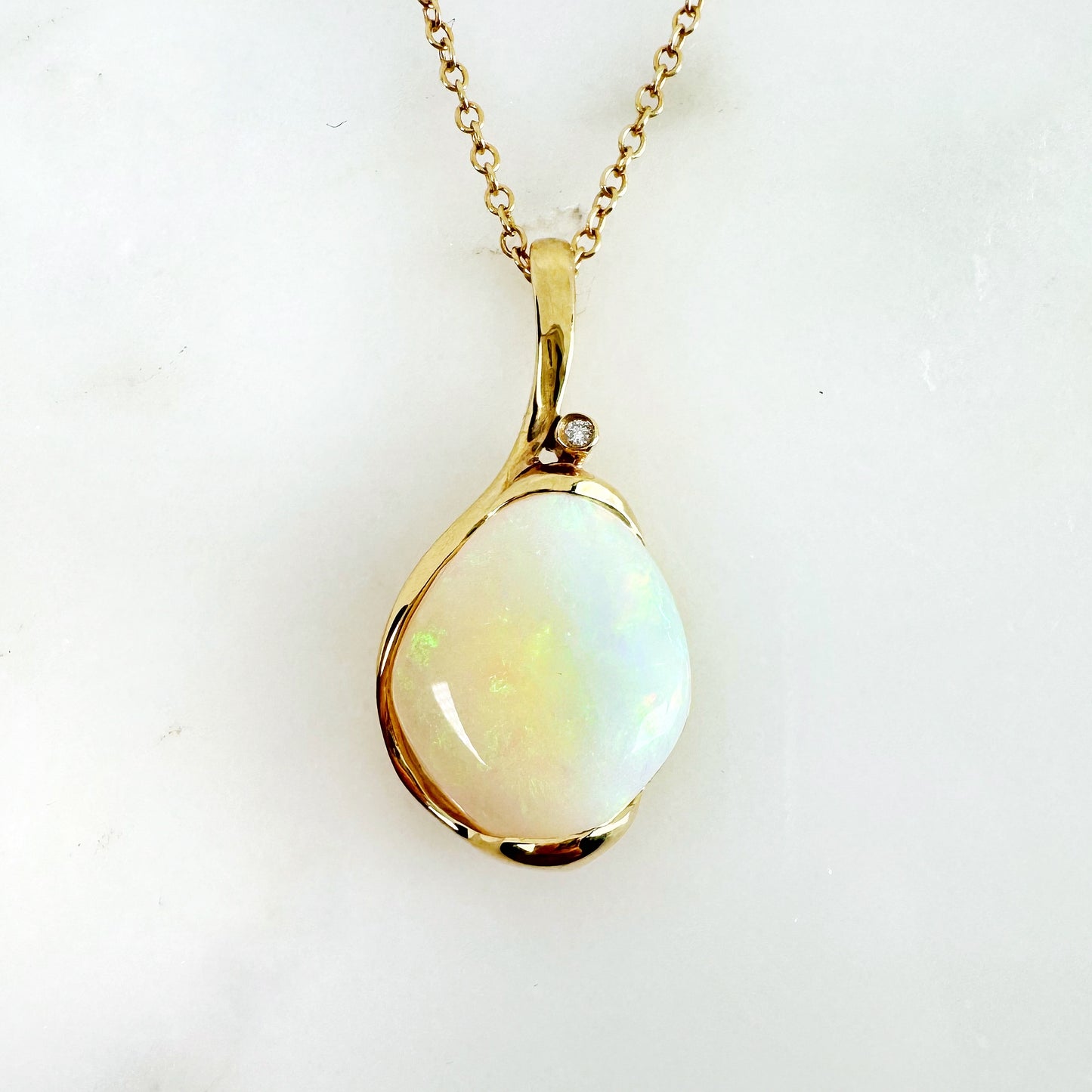 18K Yellow Gold Freeform Solid White Opal Pendant with Diamonds