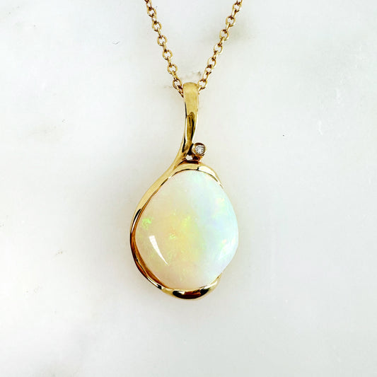 18K Yellow Gold Freeform Solid White Opal Pendant with Diamonds