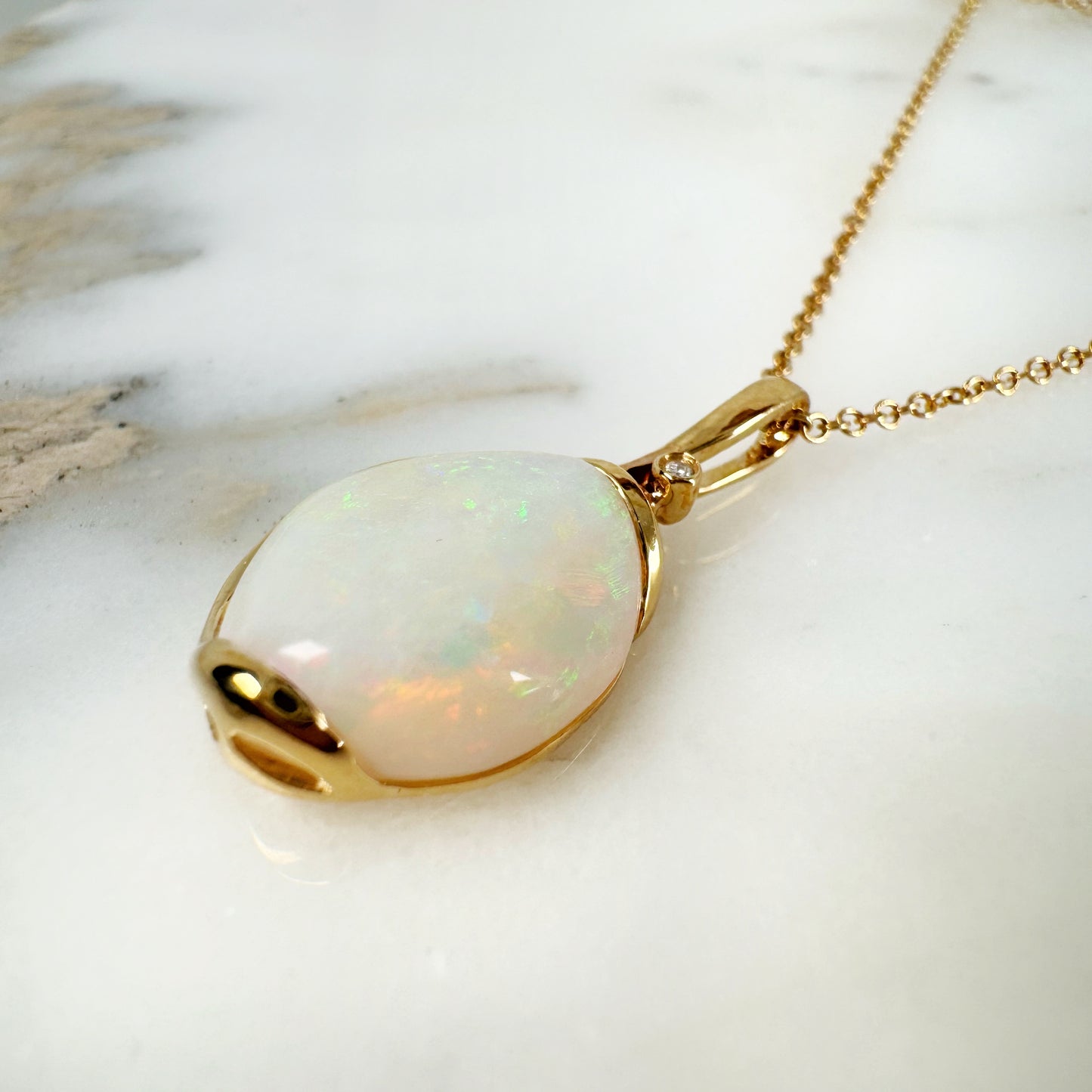 18K Yellow Gold Freeform Solid White Opal Pendant with Diamonds