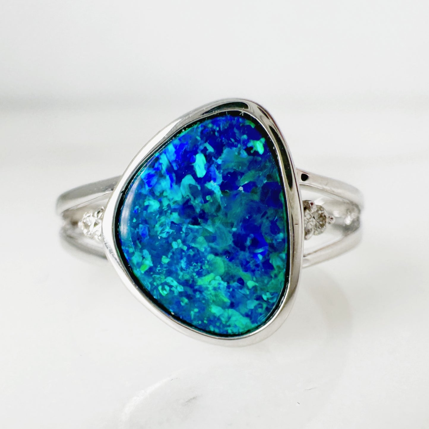 14K White Gold Freeform Australian Doublet Opal Ring with Diamonds