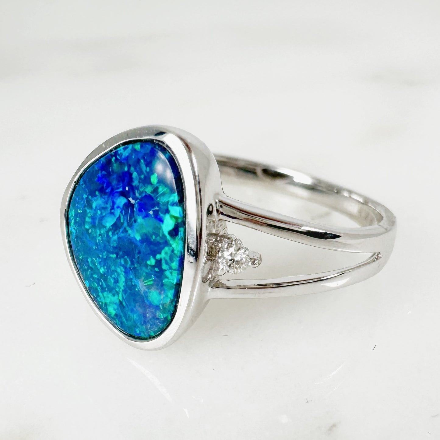 14K White Gold Freeform Australian Doublet Opal Ring with Diamonds