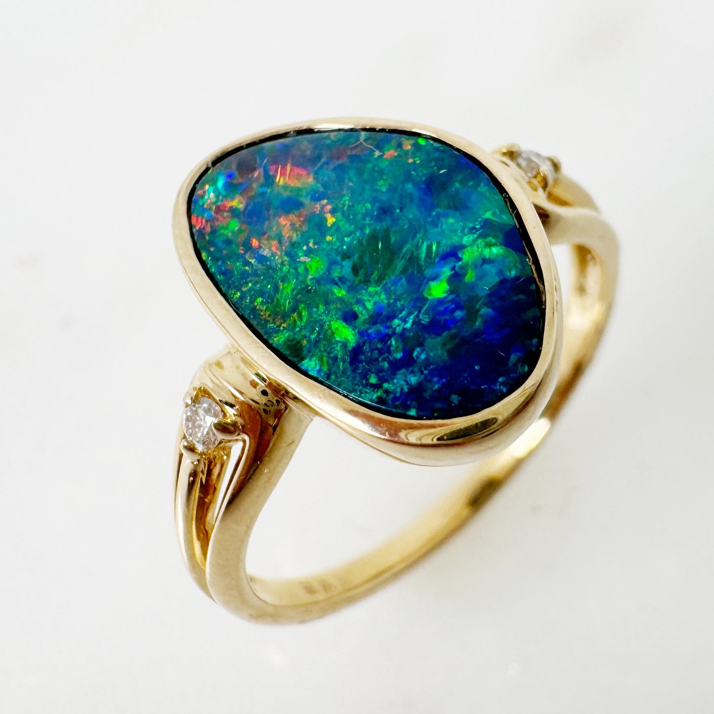 14K Yellow Gold Freeform Australian Doublet Opal Ring with Diamonds