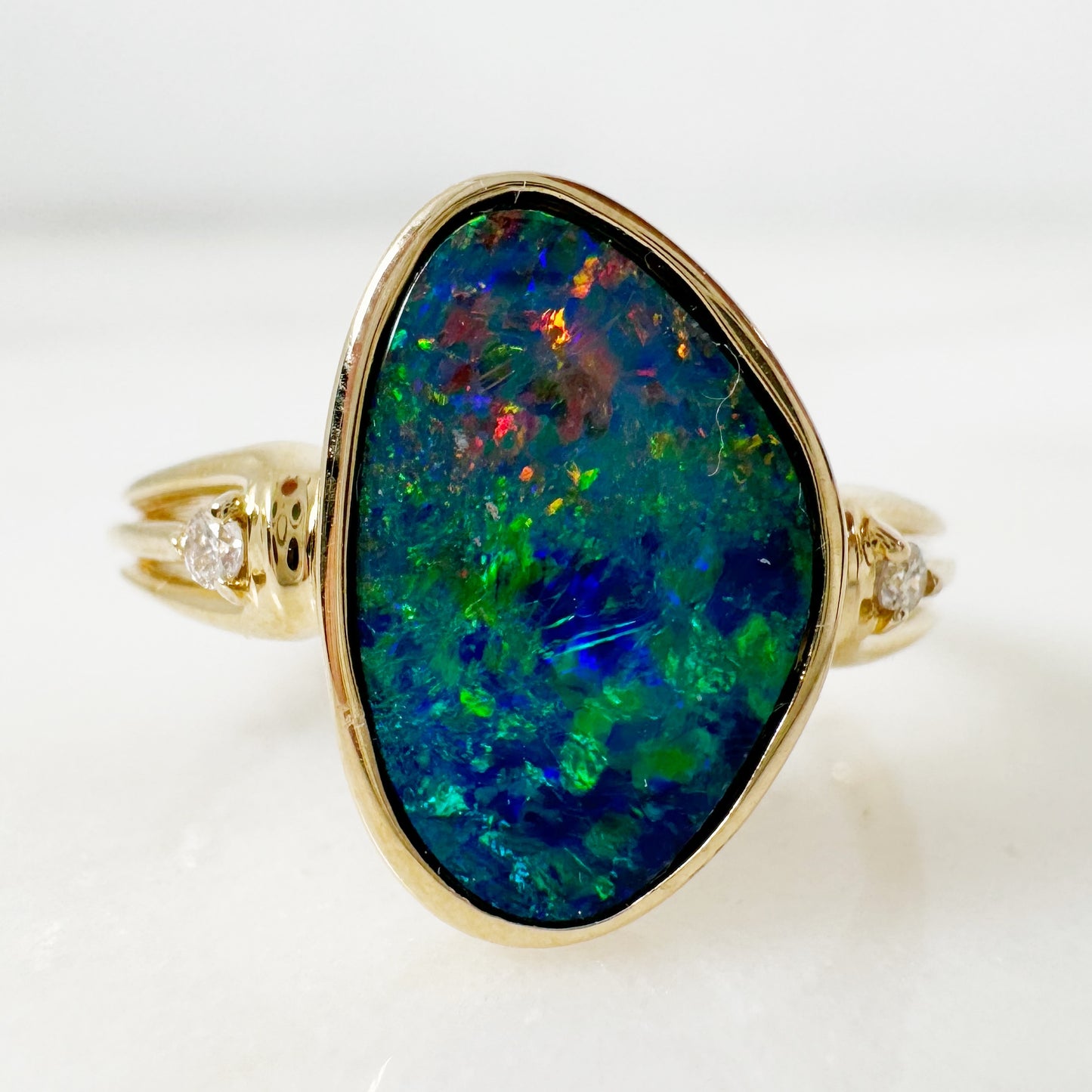 14K Yellow Gold Freeform Australian Doublet Opal Ring with Diamonds