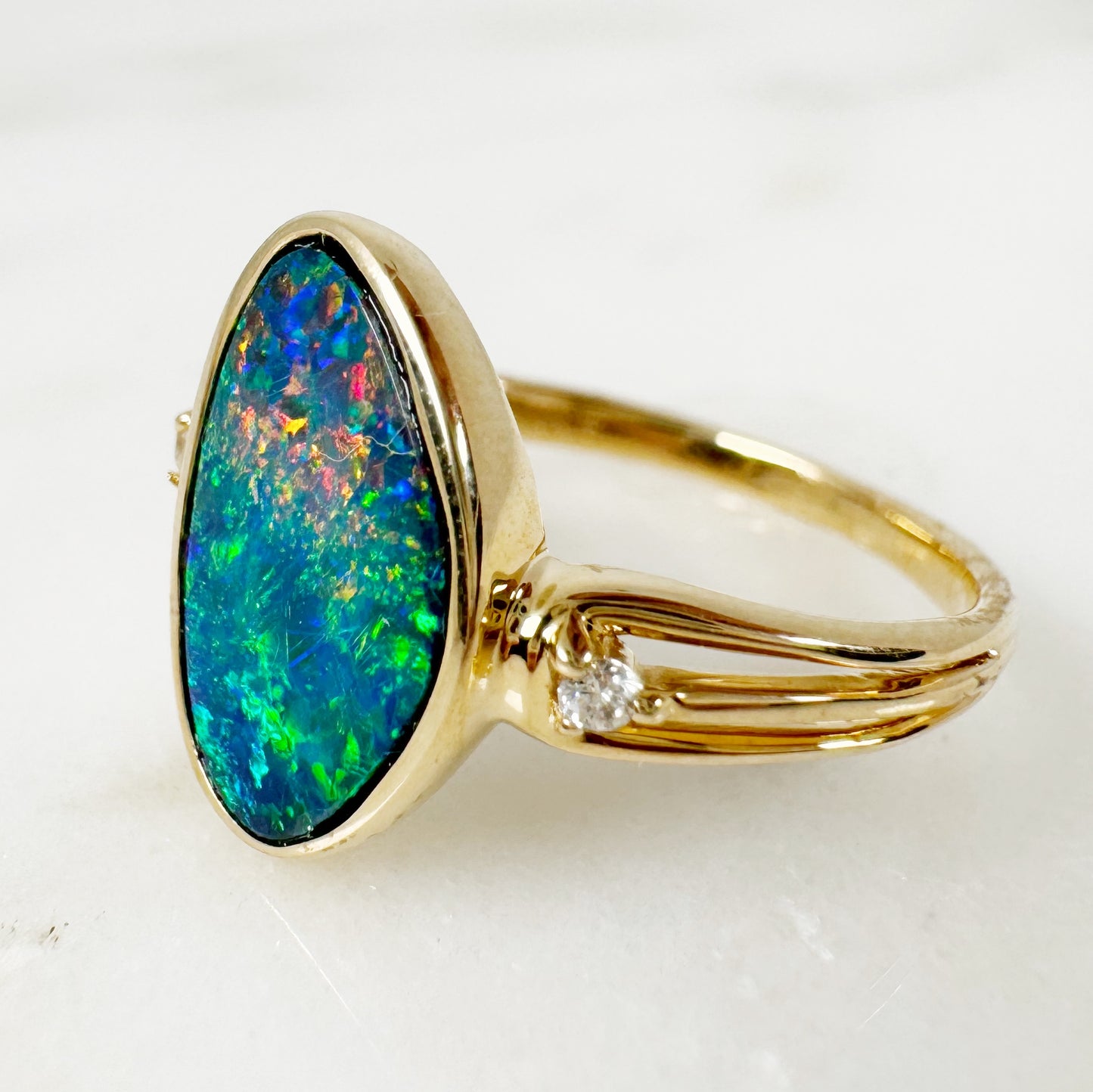 14K Yellow Gold Freeform Australian Doublet Opal Ring with Diamonds