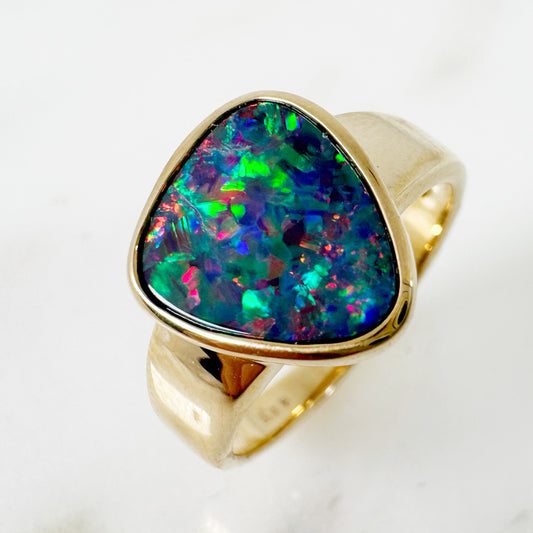 14K Yellow Gold Freeform Australian Doublet Opal Ring