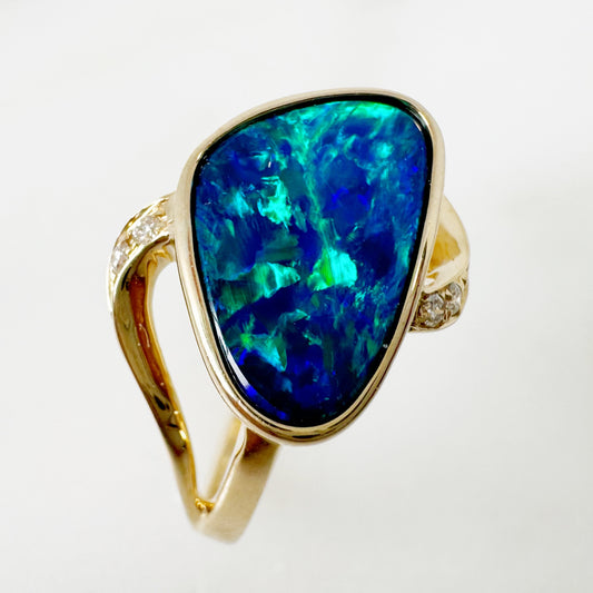 14K Yellow Gold Freeform Australian Doublet Opal Ring with Diamonds