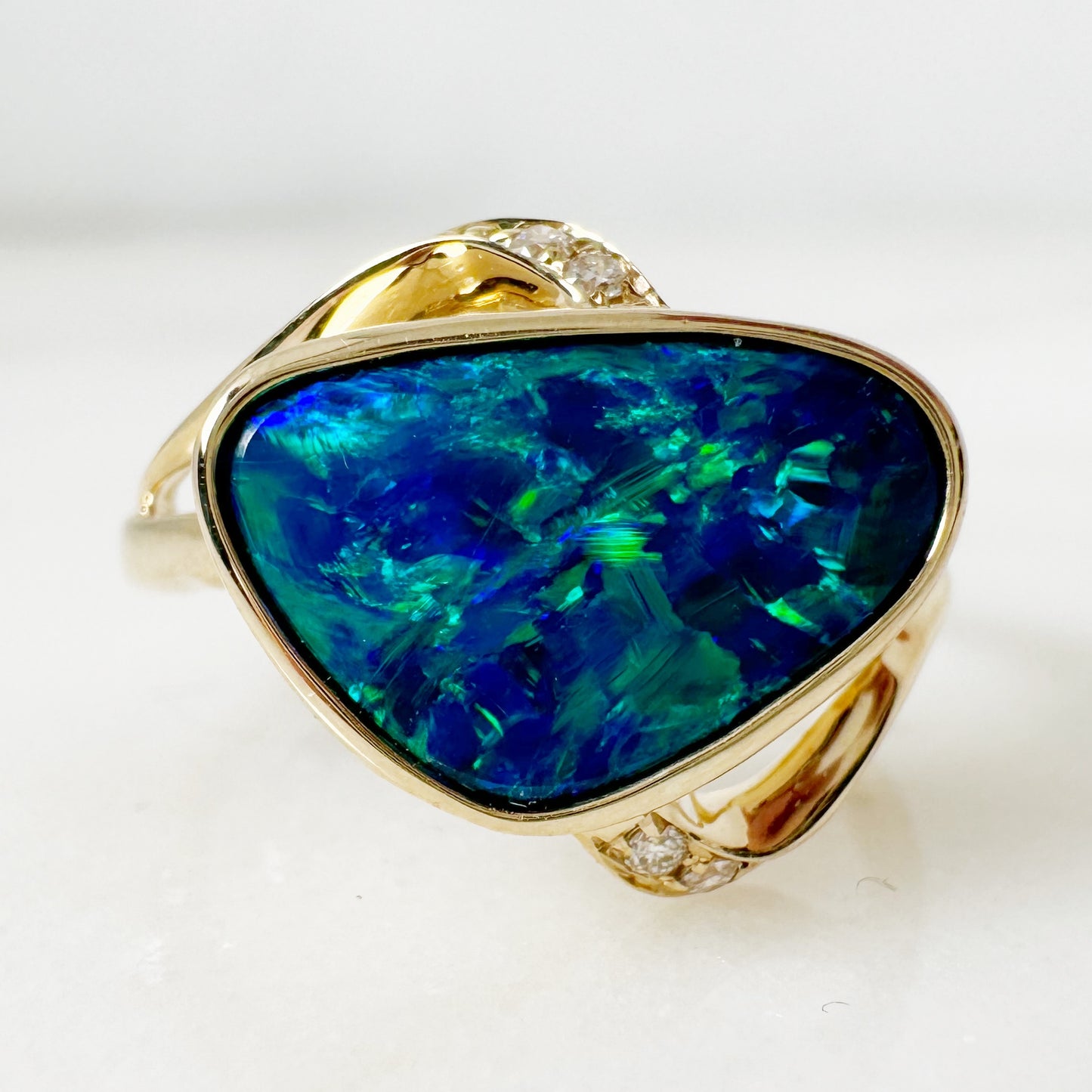 14K Yellow Gold Freeform Australian Doublet Opal Ring with Diamonds