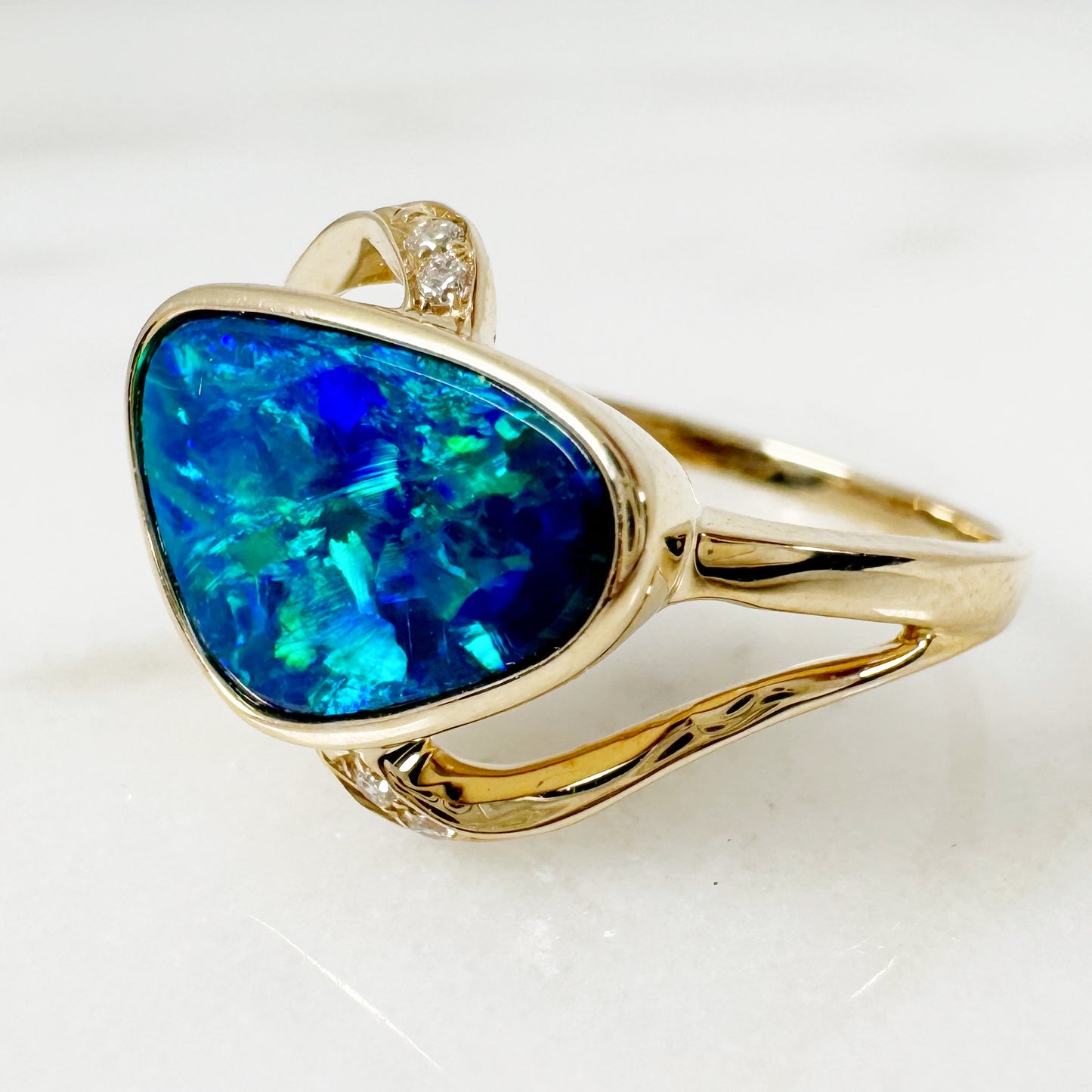 14K Yellow Gold Freeform Australian Doublet Opal Ring with Diamonds