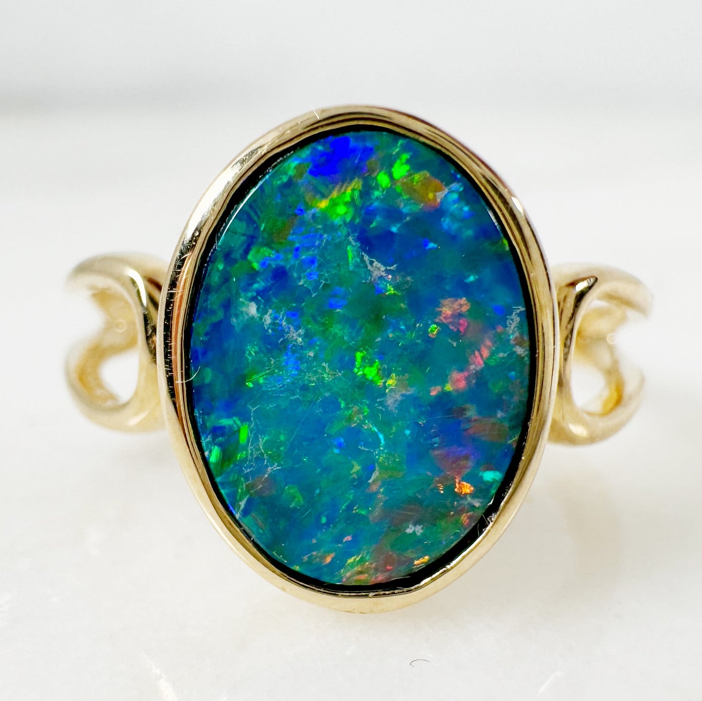 14K Yellow Gold Oval Australian Doublet Opal Ring