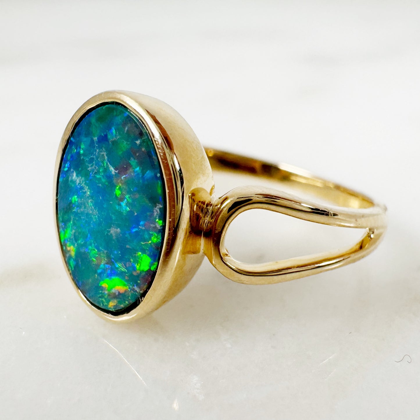 14K Yellow Gold Oval Australian Doublet Opal Ring