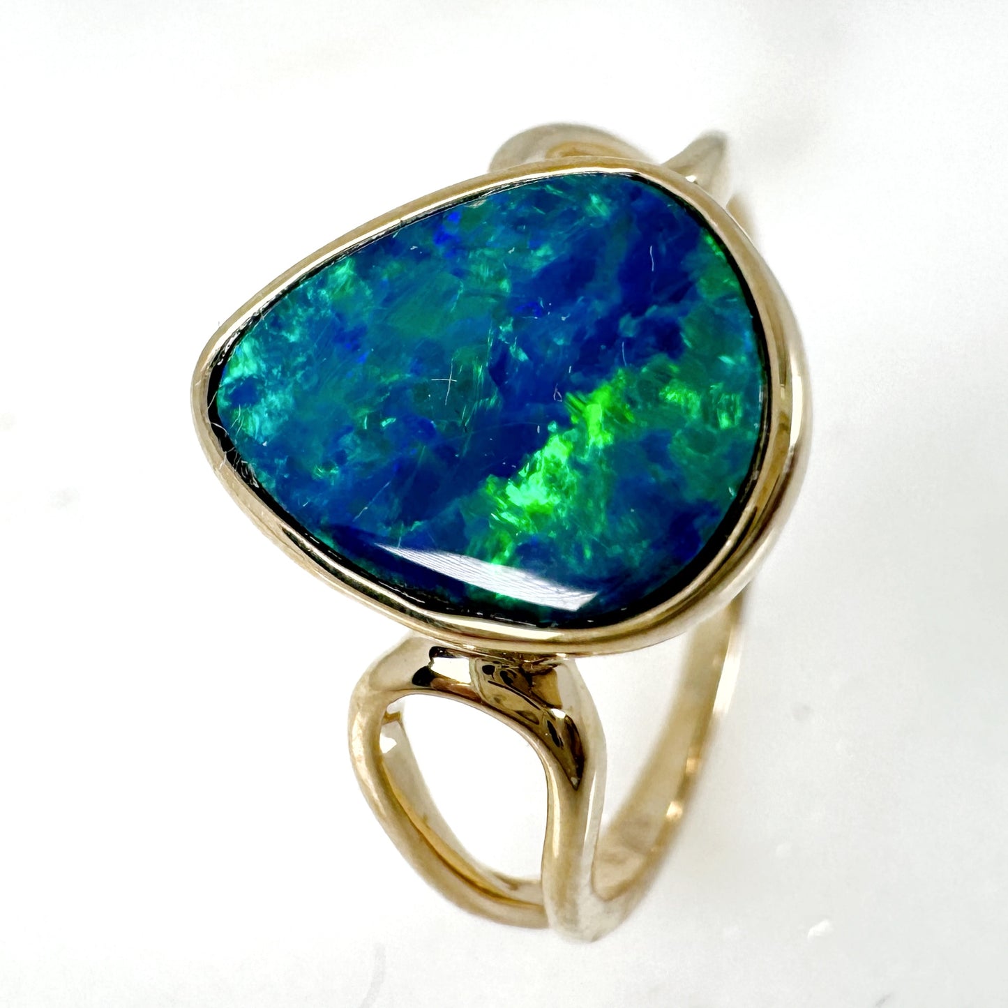 14K Yellow Gold Freeform Australian Doublet Opal Ring