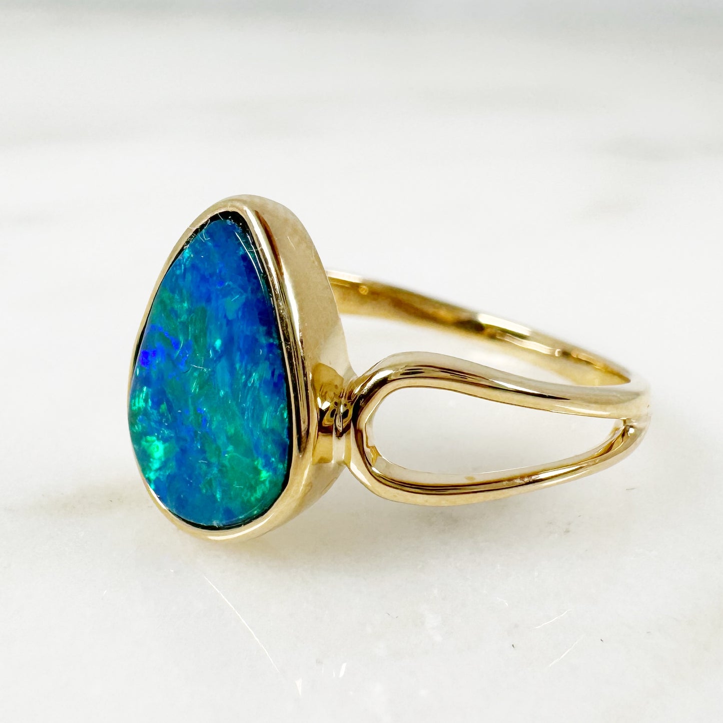 14K Yellow Gold Freeform Australian Doublet Opal Ring