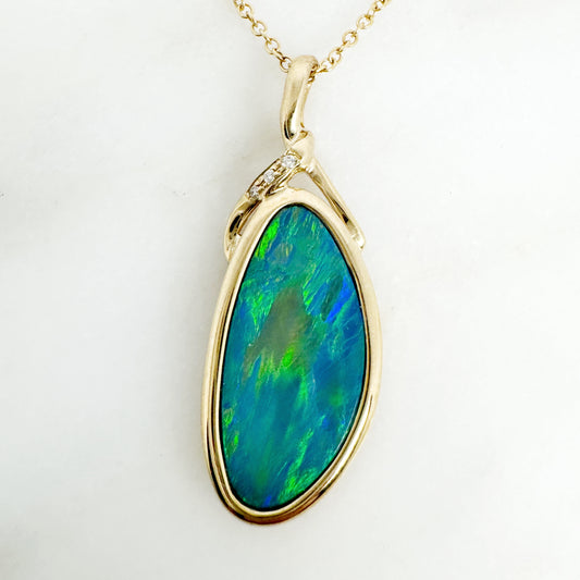 14K Yellow Gold Freeform Doublet Opal Pendant with Diamonds