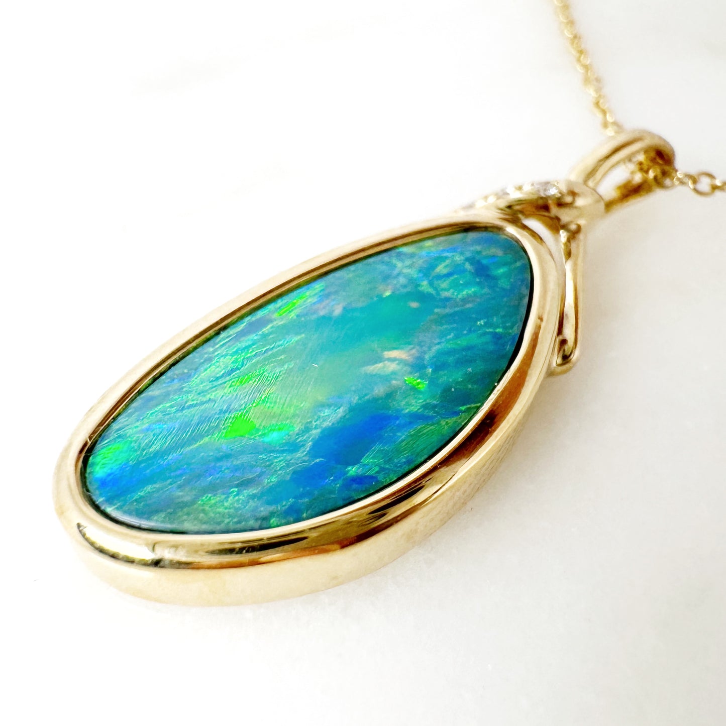 14K Yellow Gold Freeform Doublet Opal Pendant with Diamonds