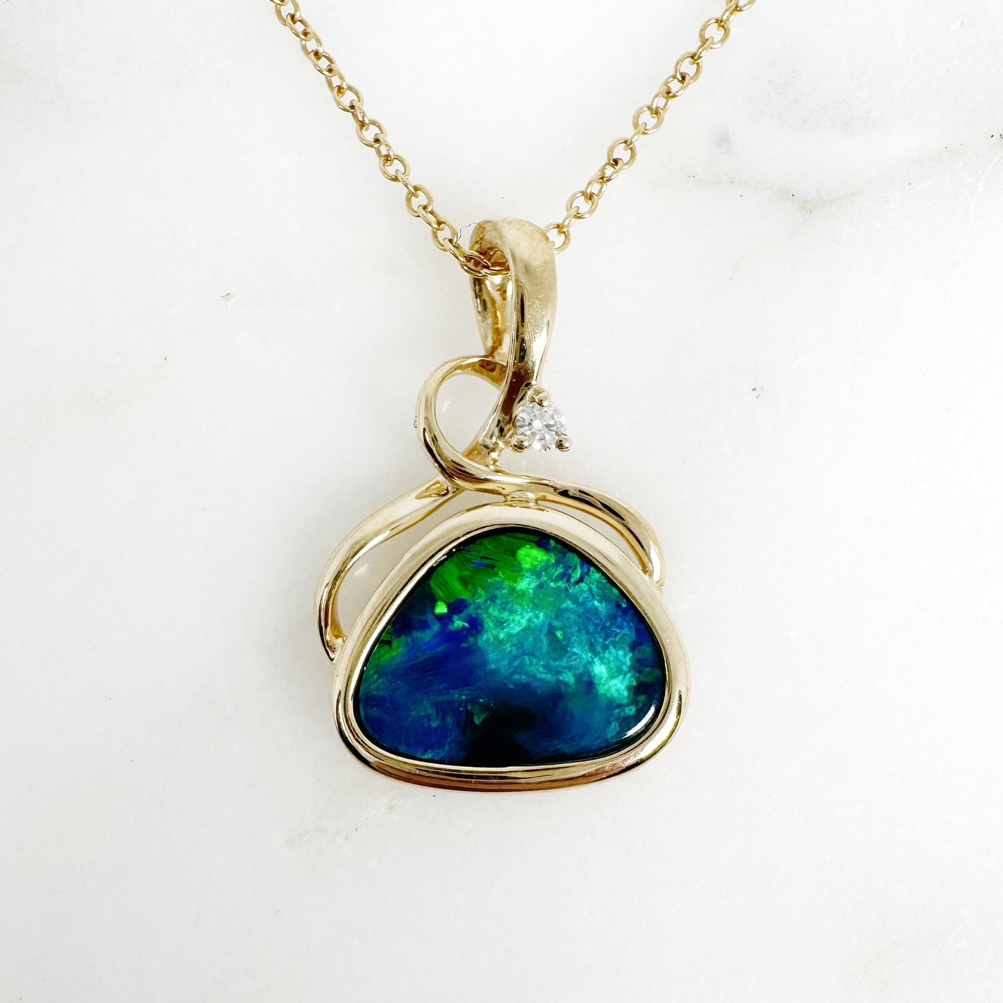 14K Yellow Gold Freeform Doublet Opal Pendant with Diamonds