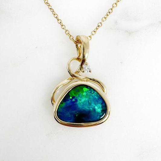 14K Yellow Gold Freeform Doublet Opal Pendant with Diamonds