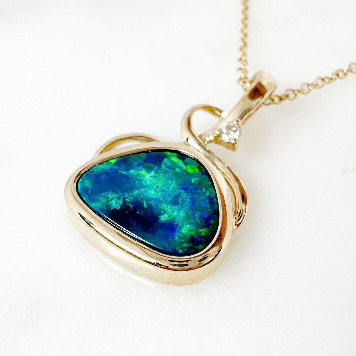 14K Yellow Gold Freeform Doublet Opal Pendant with Diamonds