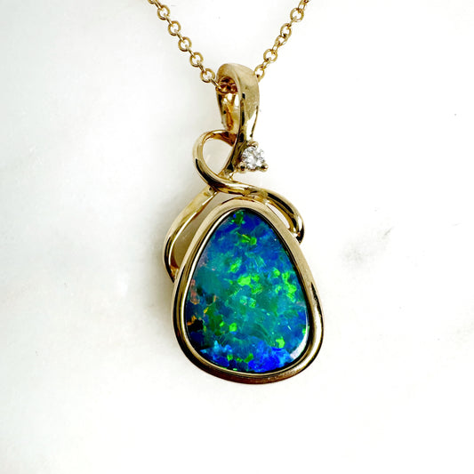 14K Yellow Gold Freeform Doublet Opal Pendant with Diamonds