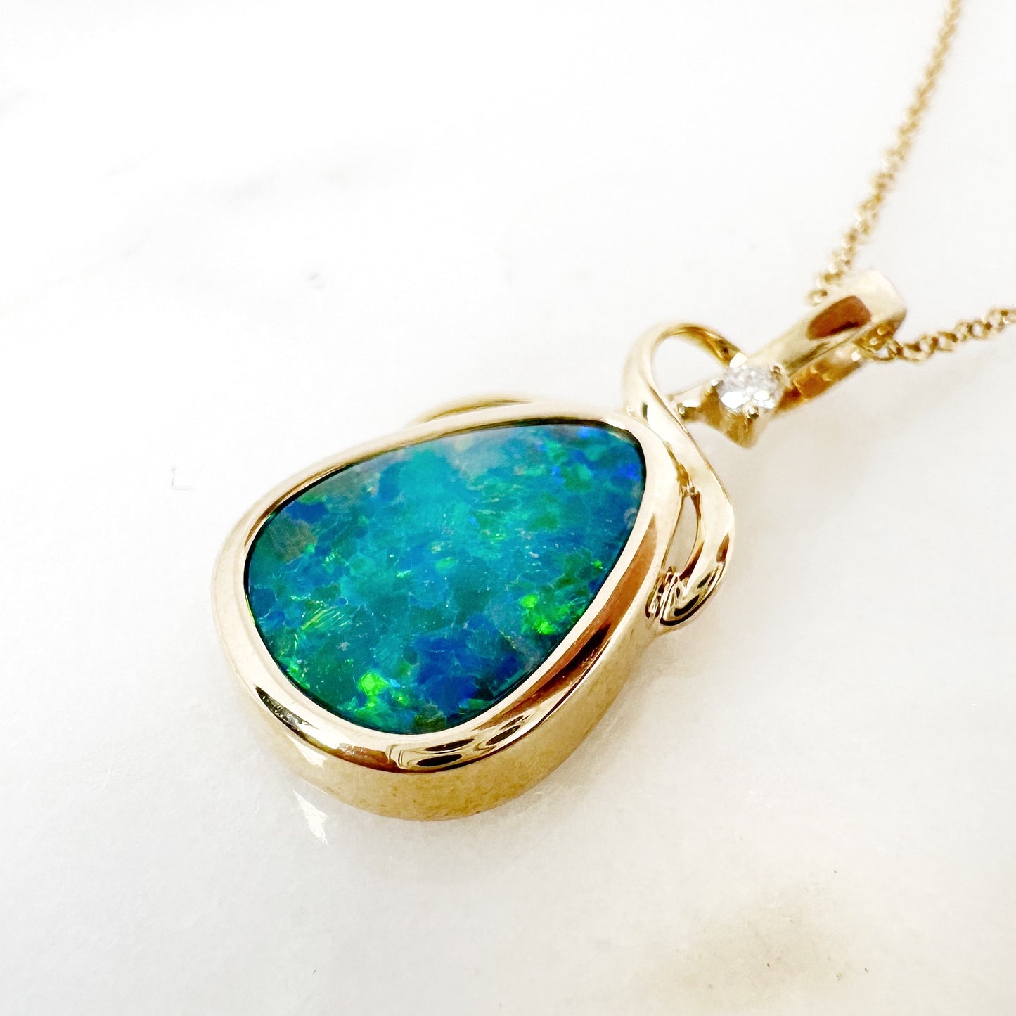 14K Yellow Gold Freeform Doublet Opal Pendant with Diamonds