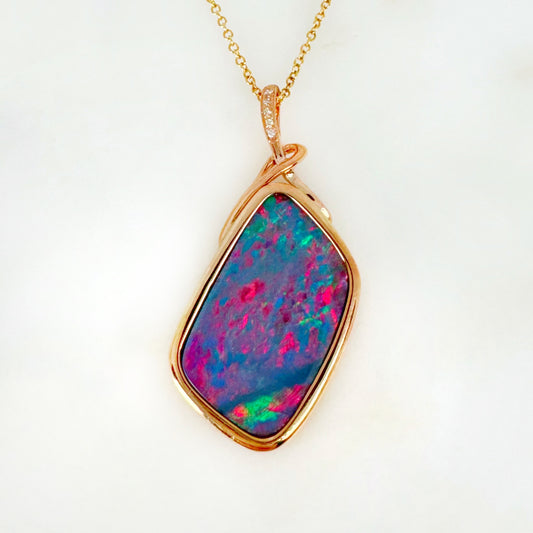 14K Yellow Gold Freeform Doublet Opal - Free Form Pendant with Diamonds