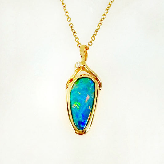 14K Yellow Gold Freeform Doublet Opal - Free Form Pendant with Diamonds