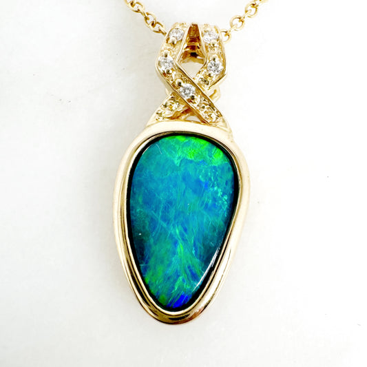 14K Yellow Gold Freeform Doublet Opal Pendant with Diamonds