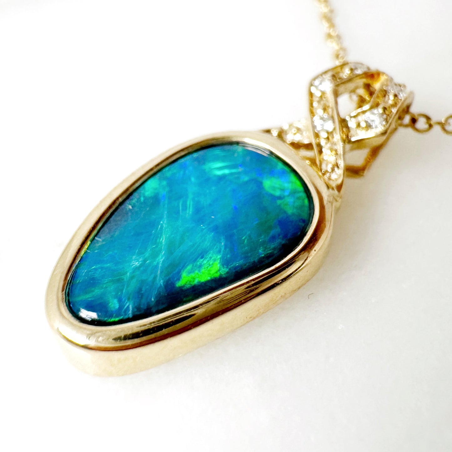 14K Yellow Gold Freeform Doublet Opal Pendant with Diamonds