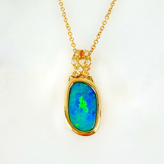 14K Yellow Gold Freeform Doublet Opal - Free Form Pendant with Diamonds