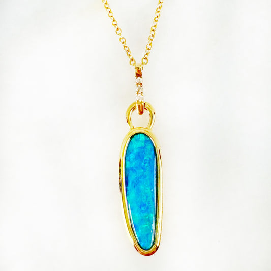 14K Yellow Gold Freeform Doublet Opal - Free Form Pendant with Diamonds