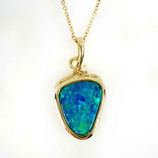 14K Yellow Gold Freeform Doublet Opal - Free Form Pendant with Diamonds