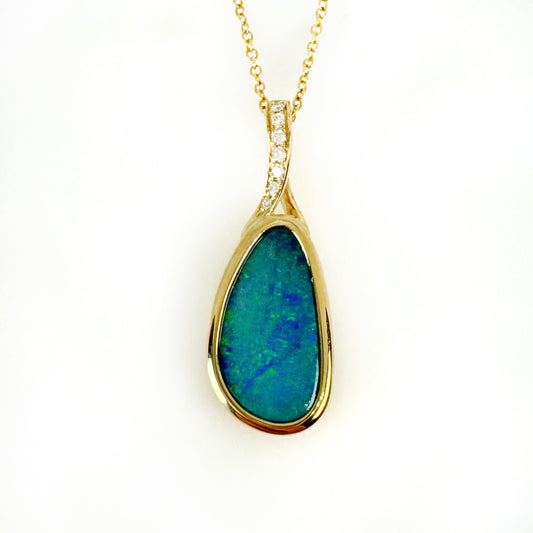 14K Yellow Gold Freeform Doublet Opal - Free Form Pendant with Diamonds