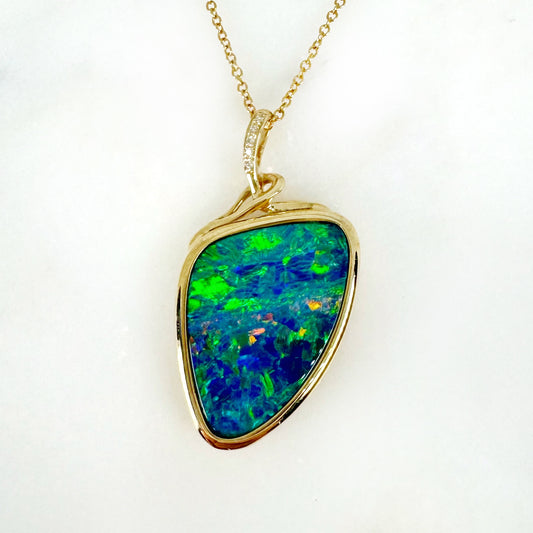 14K Yellow Gold Freeform Doublet Opal - Free Form Pendant with Diamonds