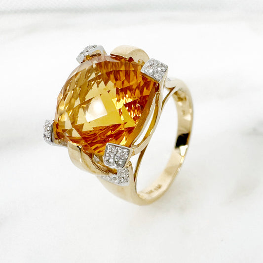 14K Yellow Gold Cusion Citrine Ring with Diamonds