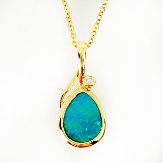 14K Yellow Gold pear Doublet Opal - Free Form Pendant with Diamonds