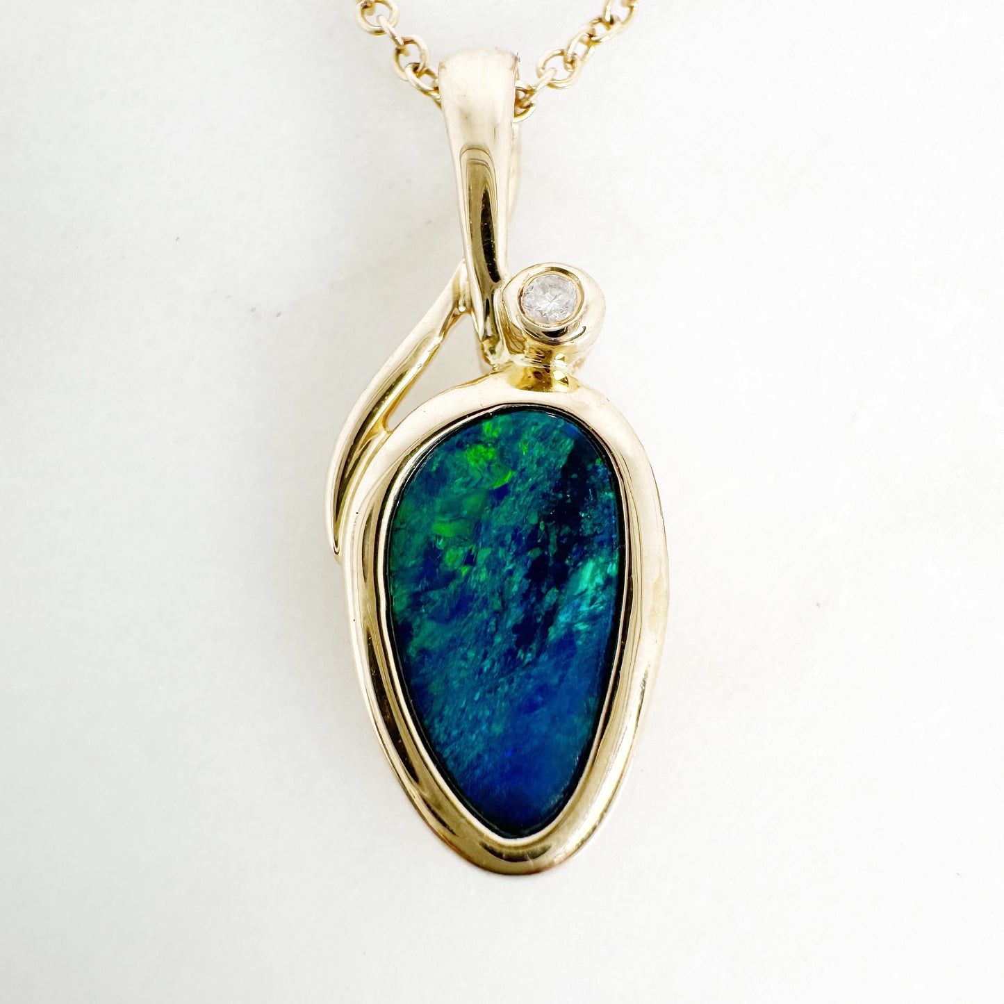 14K Yellow Gold Freeform Doublet Opal Pendant with Diamonds