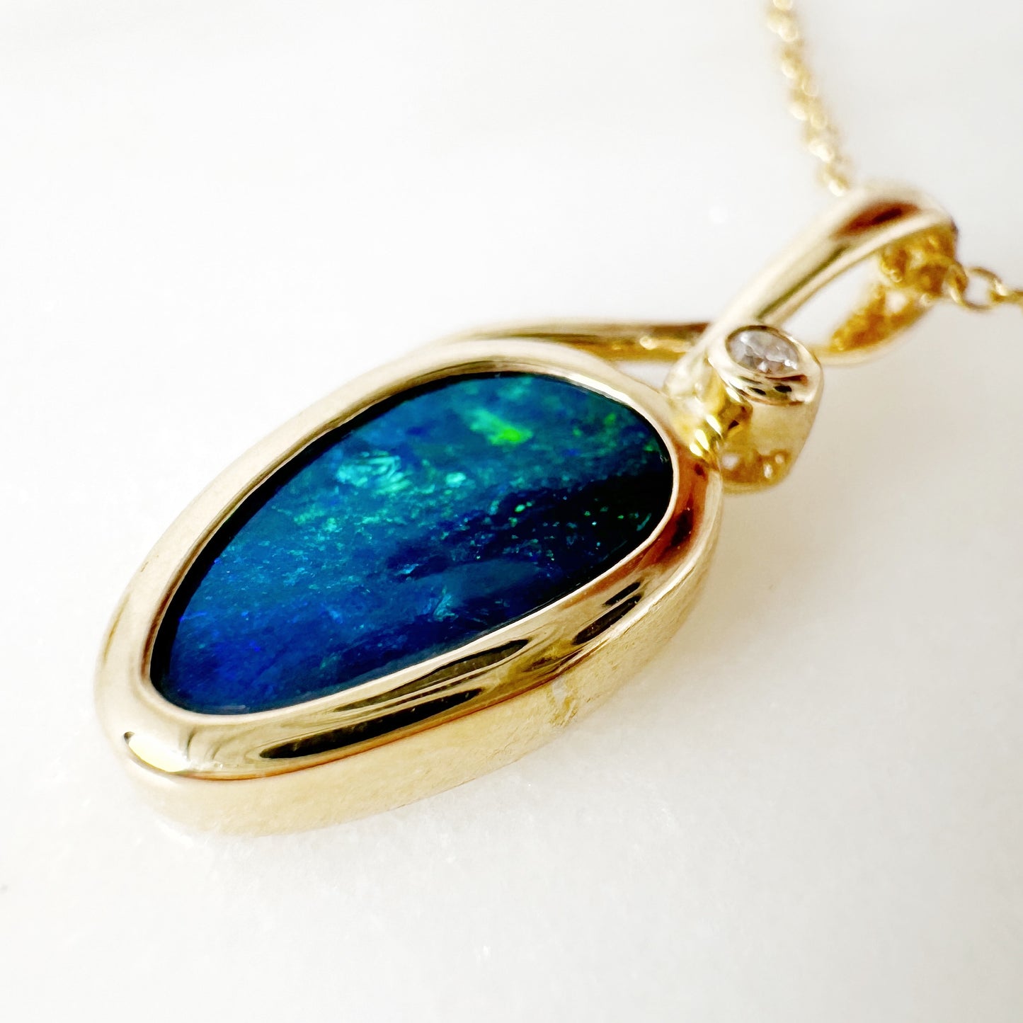 14K Yellow Gold Freeform Doublet Opal Pendant with Diamonds