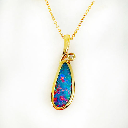 14K Yellow Gold Freeform Doublet Opal - Free Form Pendant with Diamonds