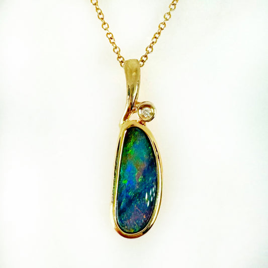 14K Yellow Gold Freeform Doublet Opal - Free Form Pendant with Diamonds